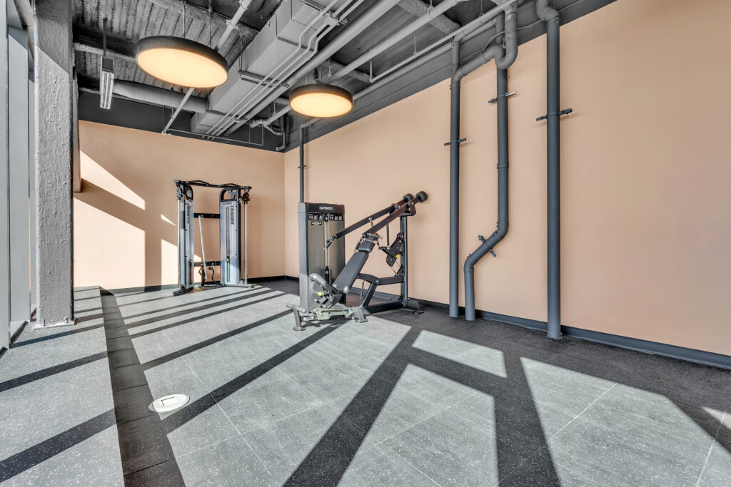 A bright gym room featuring a large window and various fitness equipment arranged neatly.